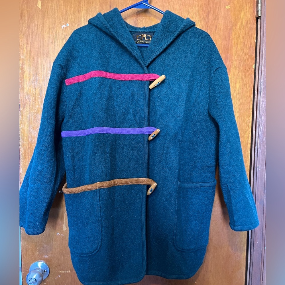 Vintage Longhouse Canada Cowichan Pure Wool Colourful Toggle Coat with Hood